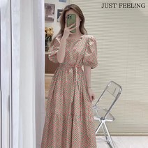 JUST FEEL!NG 여자원피스 여름 클래식 플라워 원피스 스퀘어넥 체크 롱원피스