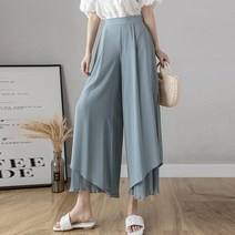 다이뻐 여름 여성스러운 밴딩 시원한 이중 쿨 쉬폰 블랙 블루 주름 와이드팬츠 통넓은 치마바지 비치웨어 여름휴가패션