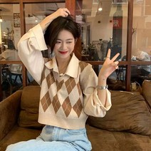 COMIRST 여성 니트조끼 아가일 캐주얼 체크 니트 베스트