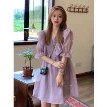 연보라 원피스 오간자 숏스커트 브이넥 바이올렛 봄