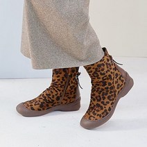 류앤샵 여성 발편한 뒷리본 호피무늬 겨울부츠 극세사 세무 앵클부츠