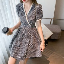 브이넥 원피스 반팔 허리 조임 플라워 미니 스커트 블랙 붉은색 푸른색 3컬러
