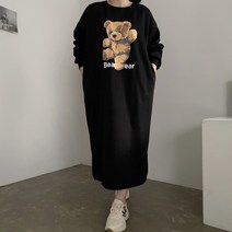 [비비애르] 기모 미니 베어 곰돌이 코튼 롱 원피스 쭈리 맨투맨 홈웨어 겨울 오버핏원피스