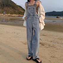 힙트 연청오버롤 멜빵데님팬츠