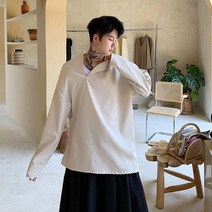 남성 긴팔 셔츠 비대 칭 칼라 헐렁 한 캐 주 얼 블라우스 남성 일본 길거리 패션 힙 합 사랑 무대 공연 의상 단색 심 플 남성 슬 림 사이즈 헐렁 한 캐 주 얼