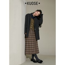 KUOSE 쿠오세 빈티지 체크 스커트 카키 여성 2022 가을/겨울 a자다운 롱