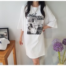 상상그이상 여성용 국내제작 모델라인 원피스 티셔츠 빅사이즈 반팔 유니크 프린팅 박스 롱티셔츠 홈웨어룩