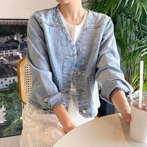 온나125 / [빠른배송] 온나125 여성 블러썸 브이 노카라 데님 숏자켓 핏보장