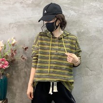 여성티셔츠 가을 투톤 스트라이프 라운드 슬림 후드 티