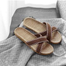 오키노피 크로스 라탄 왕골 린넨 마 슬리퍼 거실화 실내화 사무실화, 크로스_커피