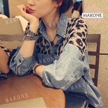 CHINA 여자 청 호피 남방 블라우스 빅 사이즈 데님 셔츠