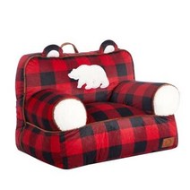 Dearfoams 레드 앤 블랙 버팔로 체크 셰르파 플러시 빈백 의자 참신한 귀 라지 디어폼, Red and Black