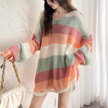 넷투넷코리아 여성 V넥 긴팔 데일리 스트라이프 니트 티셔츠 루즈핏