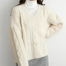 여자 V넥 꽈배기 파스텔 웜톤 알파카 티셔츠