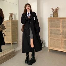 ANYOU 블랙 루즈핏 더블 여성 도톰 트렌치코트