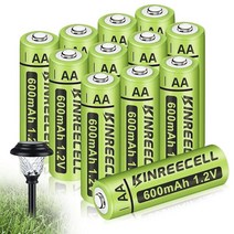 KINREECELL 충전식 AA 배터리 Ni-MH 더블 A 태양열 배터리 대용량 1.2V 사전 충전된 야외 조명 스트링 통로 조명(AA-800mAh-12팩), AA Battery 600mAh-12 Count