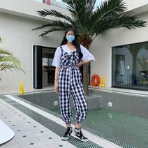 큰 작은 체크 조거 고방 멜빵 바지 점프수트