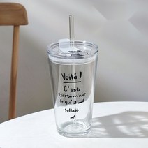 MITURIA 유리컵 리유저블 레터링 텀블러, 500ml, 블랙+투명빨대