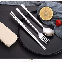스텐레스 솔리드 납작 수저 휴대용 수저세트 긴손잡이 직원복지, 하나, 실버쓰리피스+젓가락+포크+박스