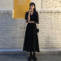 우아하고 세련된 빈티지 퍼프 슬리브 v 넥 드레스 여성용 블랙 스트리트웨어 데일리 파티 가을