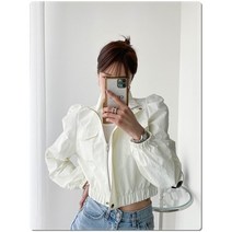 여성 봄 아우터 하이넥 숏 자켓 퍼프소매 캐주얼 크롭 점퍼