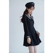 셔츠 원피스 졸린 토끼 노화 네이비 리드 긴팔 드레스 여성 가 ​​ 신선한 허리 주름 일