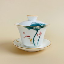 도자기 백자 연물고기 찻잔+뚜껑+받침 130ml [티컵 쌍화차 보이차 녹차잔 홍차잔 차잔 티잔], 쿠팡 본상품선택