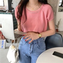 잇츠스타일 라운드넥 미니진주 포인트 크롭 퍼프 니트반팔티 댄스복 춤복