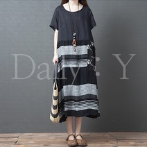 데일리와이 믿고사는 고퀄리티 여성용 포켓 플라워 면마 린넨 롱 반팔 블랙 원피스 루즈핏 빅사이즈 홈웨어 나들이룩 + 사은품발송