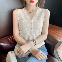 여성 레이스나시 타이트핏 브이넥 민소매 블라우스