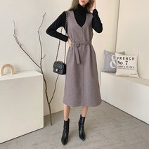 (신상)여성 벨트 해링본 베이직 H라인 브이넥 캐주얼 민소매 원피스(2col)