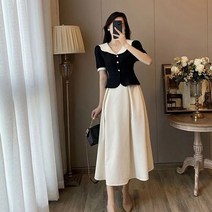 반팔 투피스 상견례 결혼식 복장 우아한 단아한 청담동사모님 원피스 퍼프 슬리브 블랙 블라우스 A라인치마
