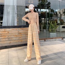 힙합바지 넓은 격자 무늬 바지 한국 캐주얼 여성용 신입생 가벼운 하이 웨스트 레그