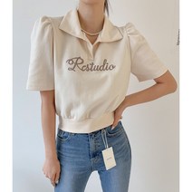 카라넥 봉긋 퍼프 소매 자수 반팔 크롭 티 (3color)