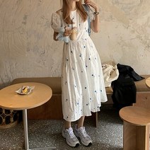 [모노위크] [당일배송] 아스터 퍼프소매 펀칭 레이스 플라워 롱원피스