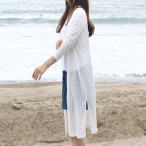 터치라인 국내생산 코샤르 여성 여름 긴팔 화이트 블랙 루즈핏 트임 로브 롱 가디건