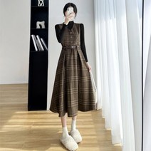DFMEI 코트를 매치한 이너 투피스 가을 겨울 허리 조임 체크 커버조립 모직 멜빵 원피스 겨울 스커트