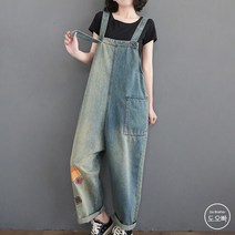 도오빠 여성 데님 멜빵바지 와이드 청바지 롤업 팬츠 빅사이즈 점프수트 원피스 여자멜빵바지