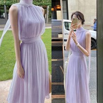 WSQZ 여성의 봄과 여름 새로운 스타일의 부드러운 우아한 긴 드레스 하이 칼라 민소매 드레스
