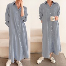 퍼니걸스 6816 카라 셔츠 단가라 스트라이프 포켓 롱 원피스 여성의류