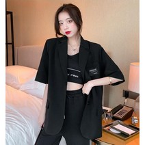 Momolatti 여성용 캐주얼 핏 루즈핏 반팔 카라 무지 시폰 자켓