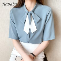 나바바 NB709 여성 배색 리본 반팔 블라우스
