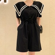 퍼니걸스 6751 빅카라 배색 테이핑 반팔 반바지 점프슈트