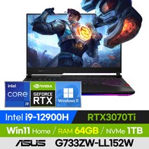 ASUS ROG SCAR G733ZW-LL152W 고사양 롤 배그 오버워치 발로란트 17인치 게이밍 노트북 (코어i9-12900H/RTX3070Ti), 윈도우 포함, 64GB, 1TB, 코어i9, 오프 블랙