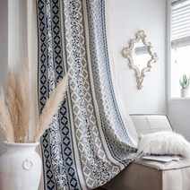 빈티지커튼 포인트 레트로 커튼 네이비 블루 바로크 창 커튼 boho 스타일 꽃 다마스크 빈티지 코튼 린넨 드레이프 침실 거실 주방 장식 tj3838