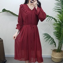 제이후 도트 브이넥 프릴 셔링 허리끈 쉬폰 원피스