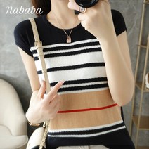 나바바 NK1381 여성 캐주얼 데일리 단가라 배색 캡소매 니트티