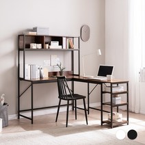 코너원목책상 h형책상 기억자 L자형 책상 조립식 중고등학생 서재 공부 책장 서랍 수납선반, 블랙&멀바우