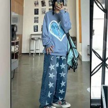 아우라진 여자통청바지 오각형 하이 웨이스트 청바지 남성과 여성 느슨한 모든 일치 스트레이트 캐슈 플라워 스트리트 힙합 캐주얼 조수 브랜드 청바지 여성