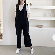 여자 봄 가을 심플 브이넥 민소매 와이드핏 점프수트